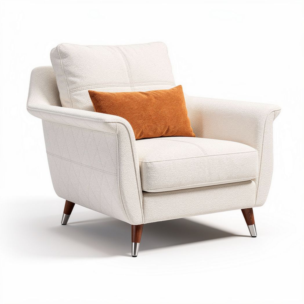 Modern accent chair with removable cushion in cream fabric and wood legs