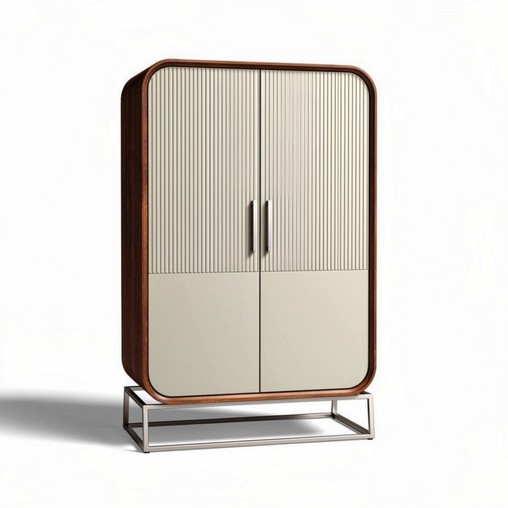 Wooden storage cabinet with beige finish and metal base 80 x 40 x 150cm