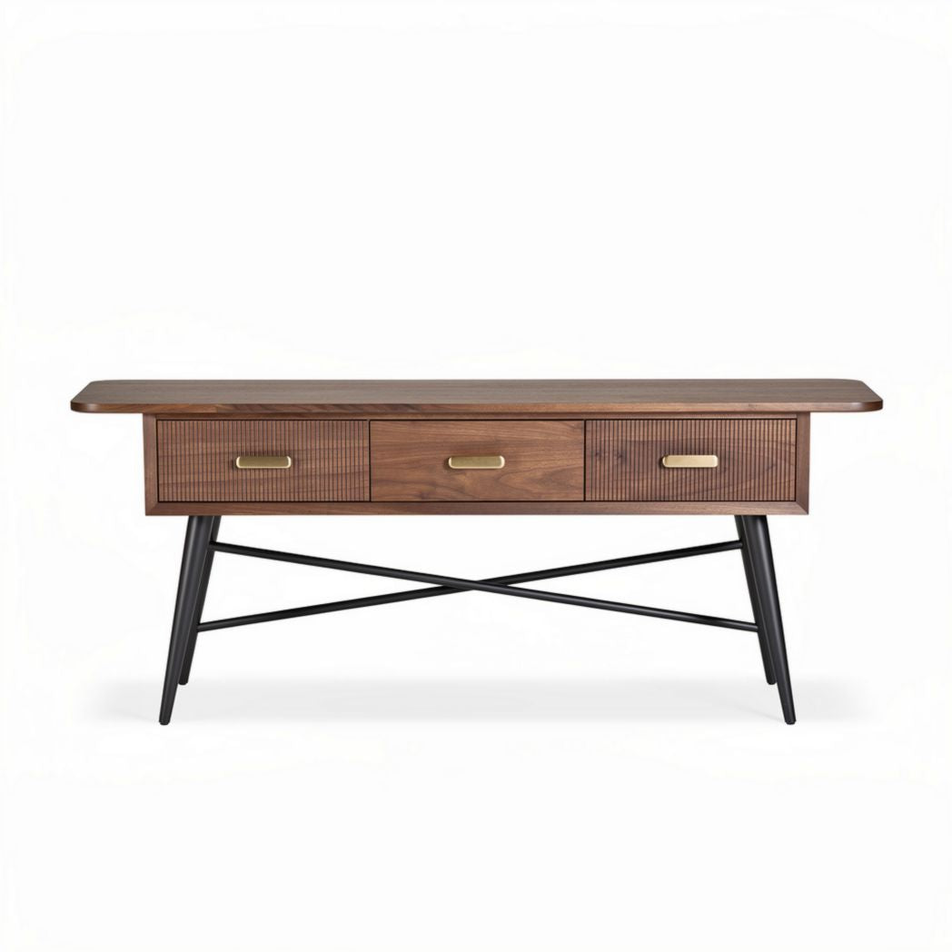 Wooden console table with three drawers and metal legs 150 x 40 x 70cm