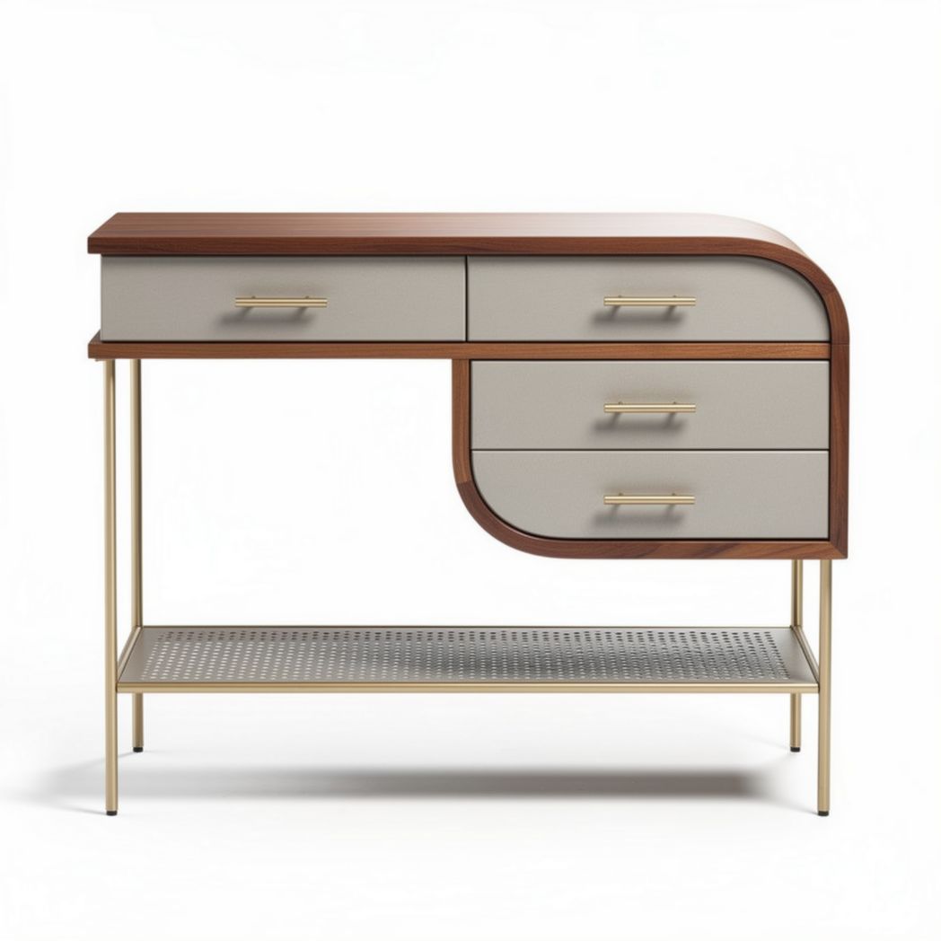 Modern console table with three drawers and metal frame in brown and beige 120 x 40 x 80cm