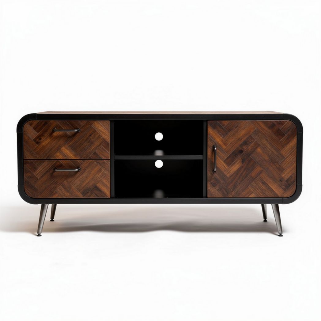 Wooden media console table with two drawers and open shelving 150 x 45 x 50cm