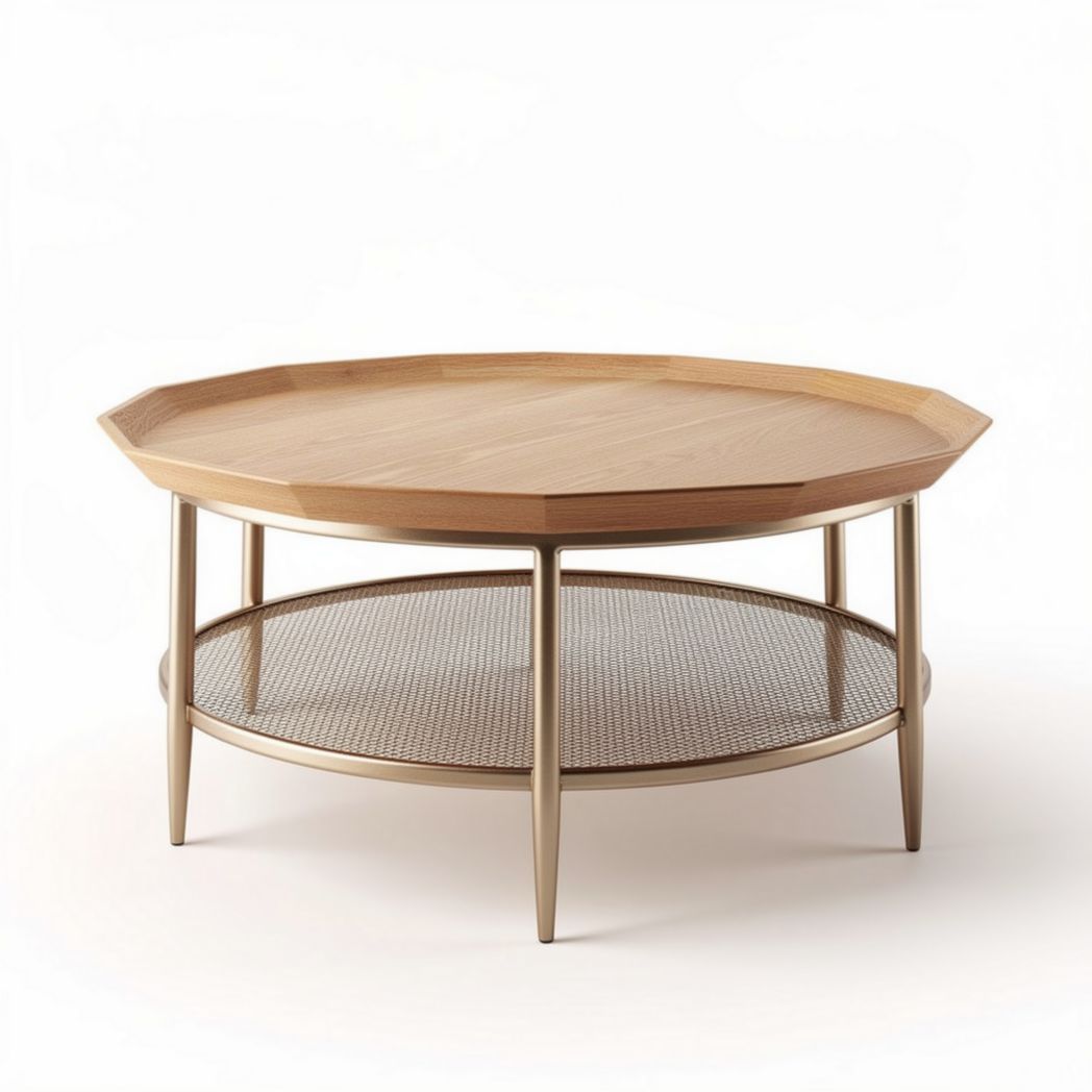 Octagonal coffee table with wooden top and metal mesh shelf 80 x 80 x 40cm