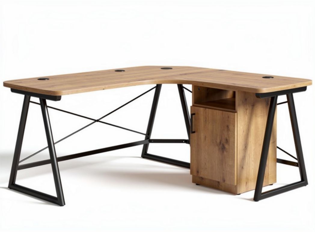 L-shaped wooden corner desk with storage cabinet and metal frame 150 x 150 x 75cm
