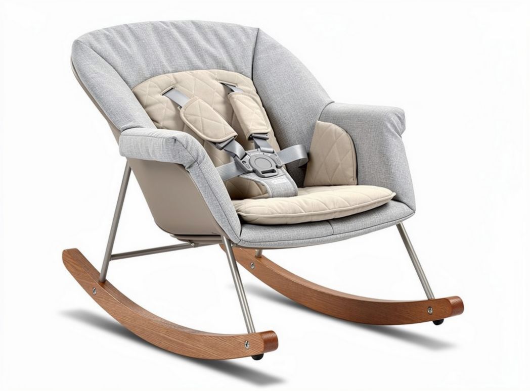 Rocking chair for infants with safety harness and fabric upholstery gray beige 75 x 60 x 80cm