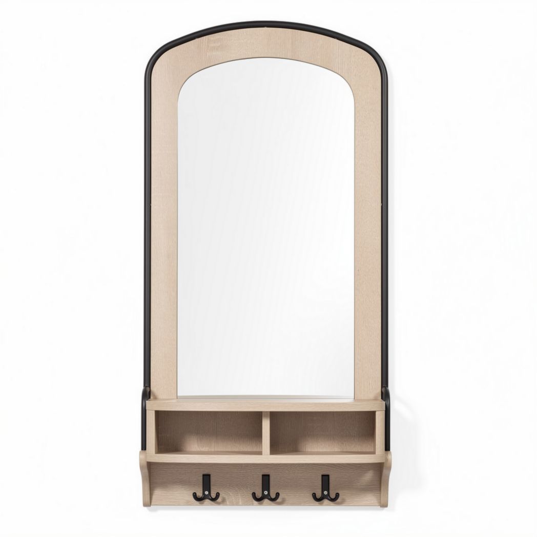 Wooden entryway mirror with hooks and shelf in natural finish 120 x 50 x 5cm
