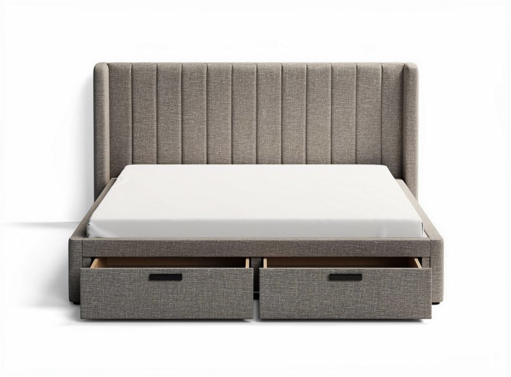 Upholstered storage bed frame with two drawers in light gray fabric 200 x 160 x 100cm